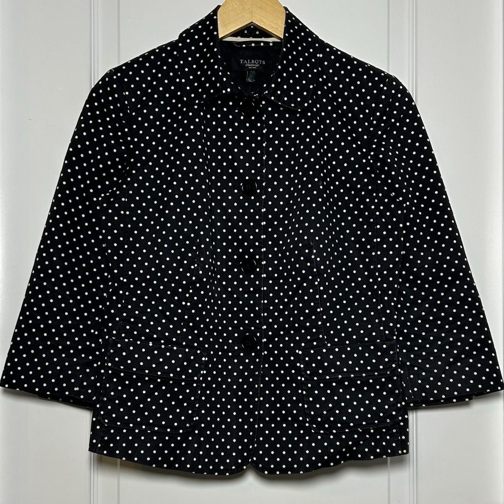 Talbots Petite Cotton Black White Polka Dot Button Front 3/4 Sleeve Jacket